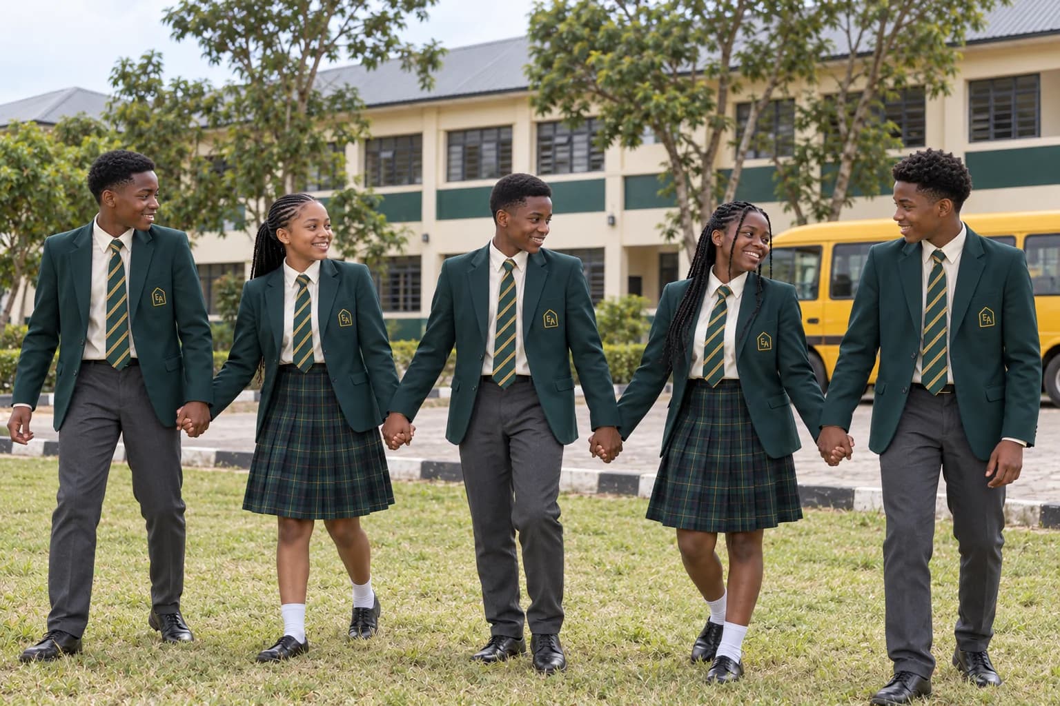 Fictional Evergreen pupils in green school uniforms taking part in an outdoor group activity beside their school