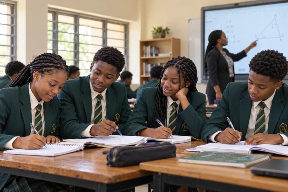 Fictional Evergreen pupils learning in a classroom with a teaching screen