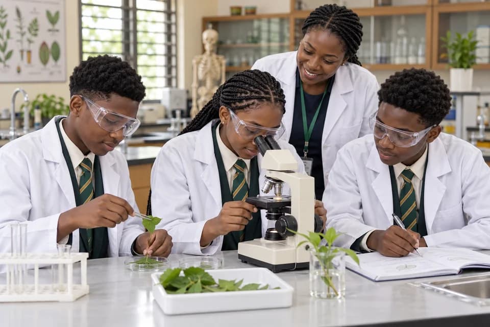 Fictional Evergreen pupils using a microscope in a supervised school laboratory